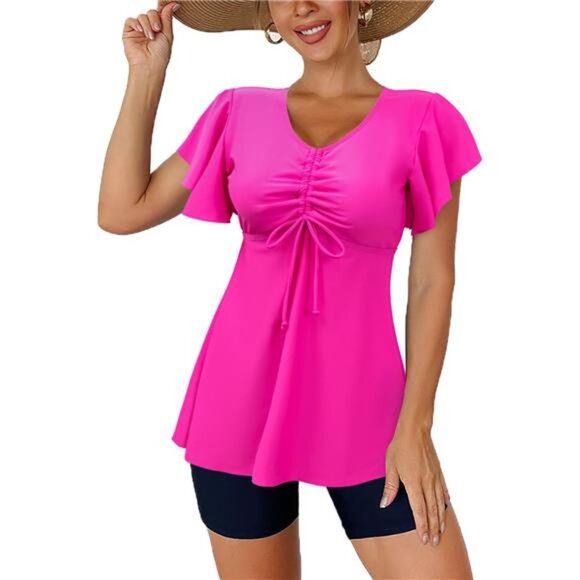 Ruffled Flowy Tankini with Boy Shorts – Tummy Control Two-Piece Swimsuit - Picture 1 of 7